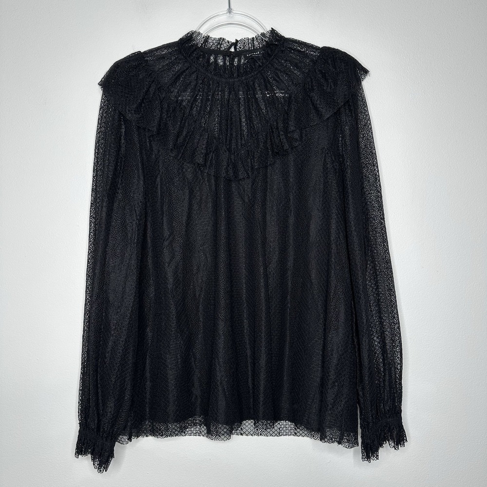 Current Air Lace Ruffle Neck Blouse‎ Top Size L Black Balloon Sleeve Sheer